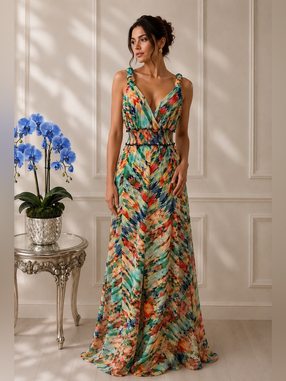 ECI New York  (Nordstrom) Multicolor V-Neck Maxi Dress in Teal, Coral & Navy